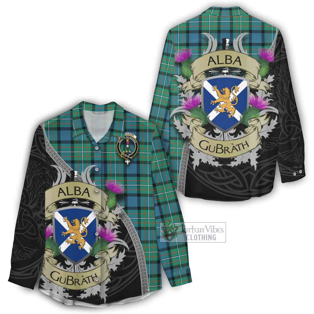 Tartan Vibes Clothing Ferguson (Fergusson) Tartan Family Crest Women's Casual Shirt Lion Rampant Royal Thistle Shield Celtic Inspired