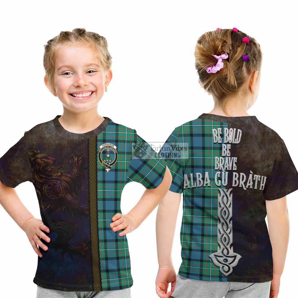 Tartan Vibes Clothing Ferguson (Fergusson) Tartan Family Crest Kid T-Shirt Alba Gu Brath Be Brave Lion Ancient Style