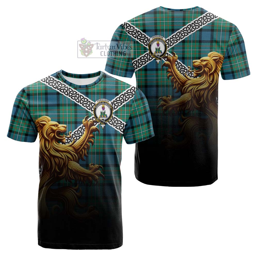 Tartan Vibes Clothing Ferguson (Fergusson) Crest Tartan Cotton T-shirt with Golden Lion Emblem Celtic Style