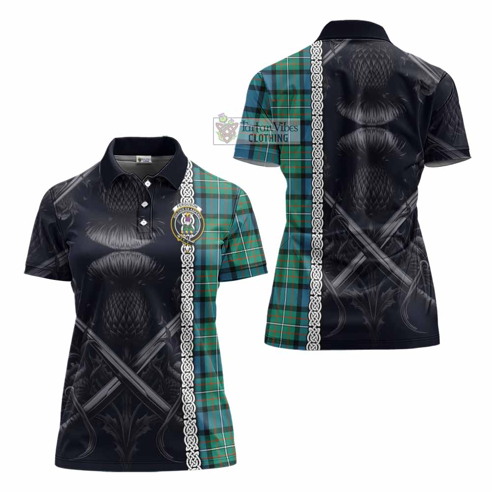 Tartan Vibes Clothing Ferguson (Fergusson) Tartan Women's Polo Shirt with Family Crest Cross Sword Thistle Celtic Vibes