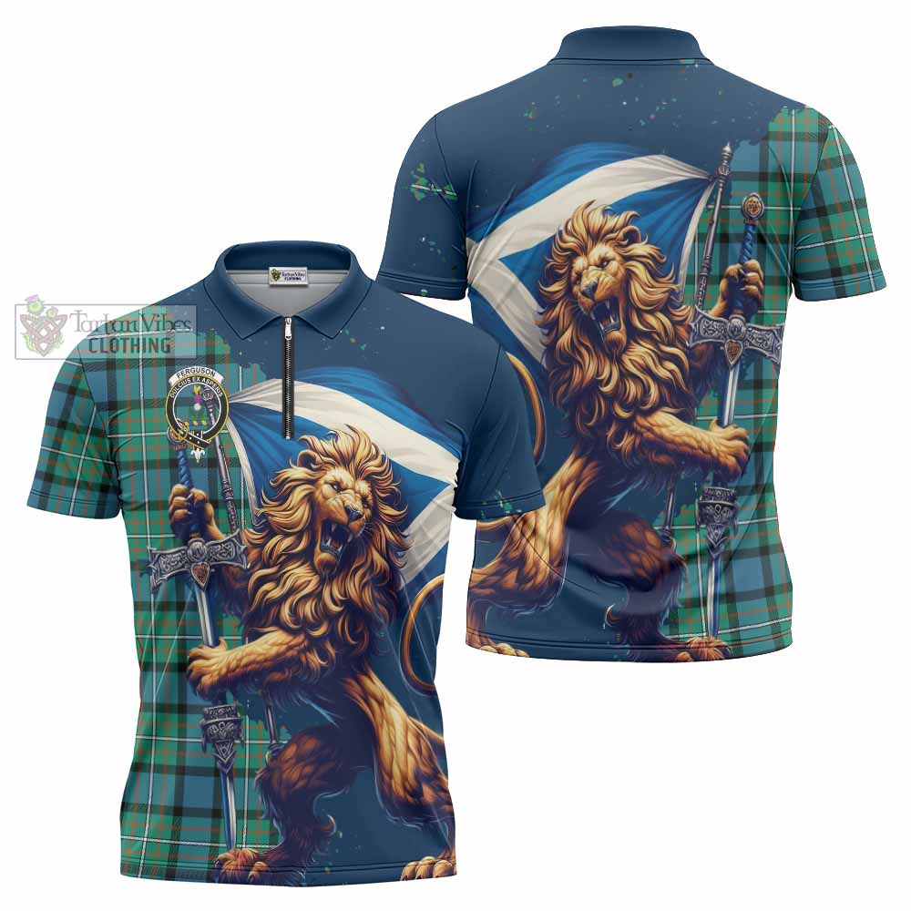 Tartan Vibes Clothing Ferguson (Fergusson) Tartan Family Crest Zipper Polo Shirt with Scottish Majestic Lion