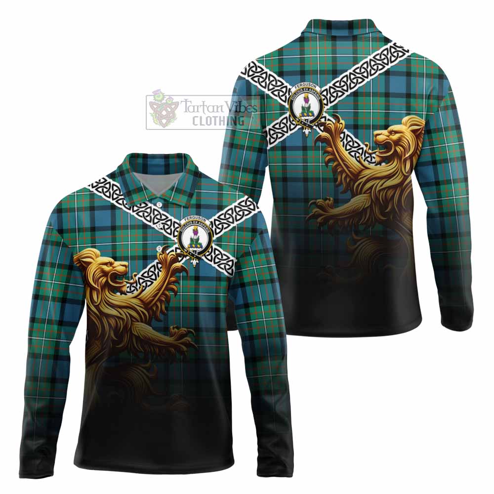 Tartan Vibes Clothing Ferguson (Fergusson) Crest Tartan Long Sleeve Polo Shirt with Golden Lion Emblem Celtic Style