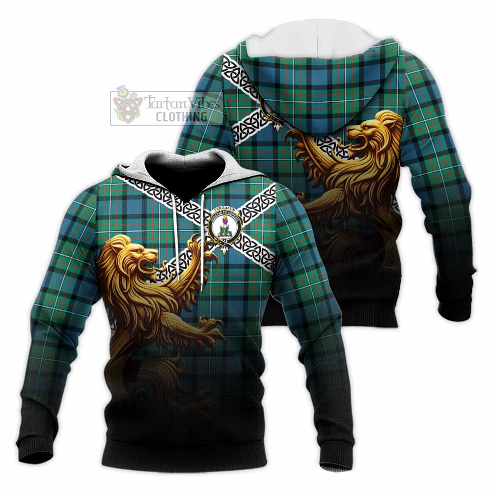Tartan Vibes Clothing Ferguson (Fergusson) Crest Tartan Knitted Hoodie with Golden Lion Emblem Celtic Style