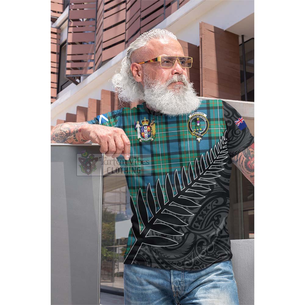 Tartan Vibes Clothing Ferguson (Fergusson) Crest Tartan Cotton T-shirt with New Zealand Silver Fern Half Style
