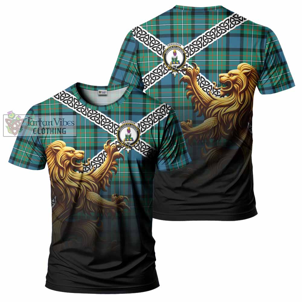 Tartan Vibes Clothing Ferguson (Fergusson) Crest Tartan T-Shirt with Golden Lion Emblem Celtic Style