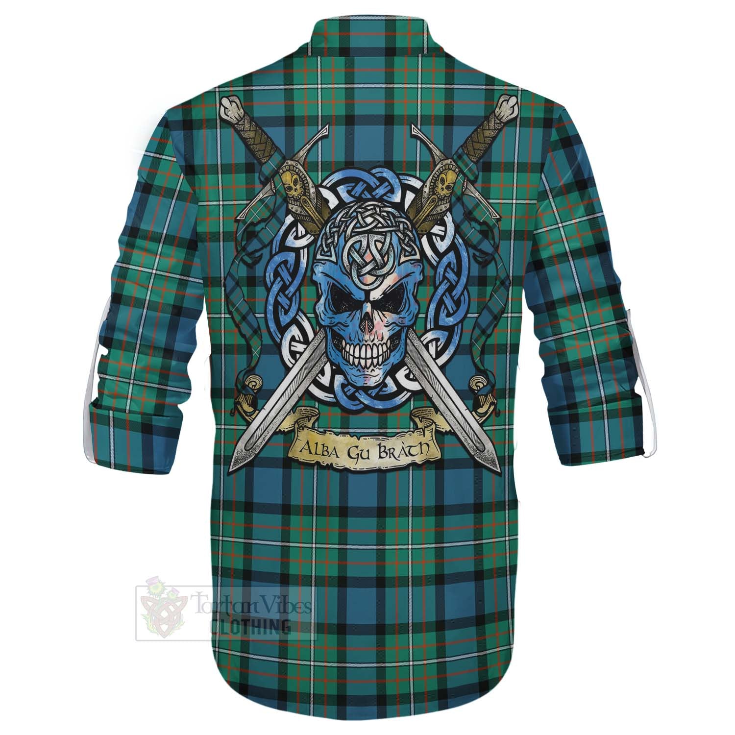 Tartan Vibes Clothing Ferguson (Fergusson) Tartan Ghillie Kilt Shirt with Family Crest Celtic Skull Style