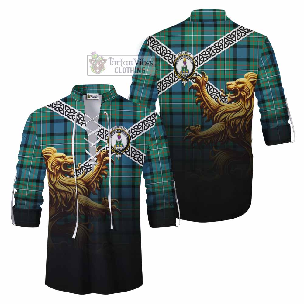Tartan Vibes Clothing Ferguson (Fergusson) Crest Tartan Ghillie Kilt Shirt with Golden Lion Emblem Celtic Style