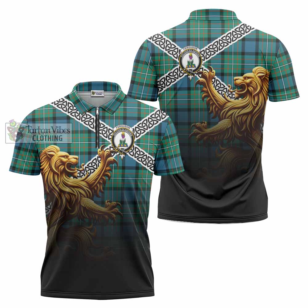 Tartan Vibes Clothing Ferguson (Fergusson) Crest Tartan Zipper Polo Shirt with Golden Lion Emblem Celtic Style