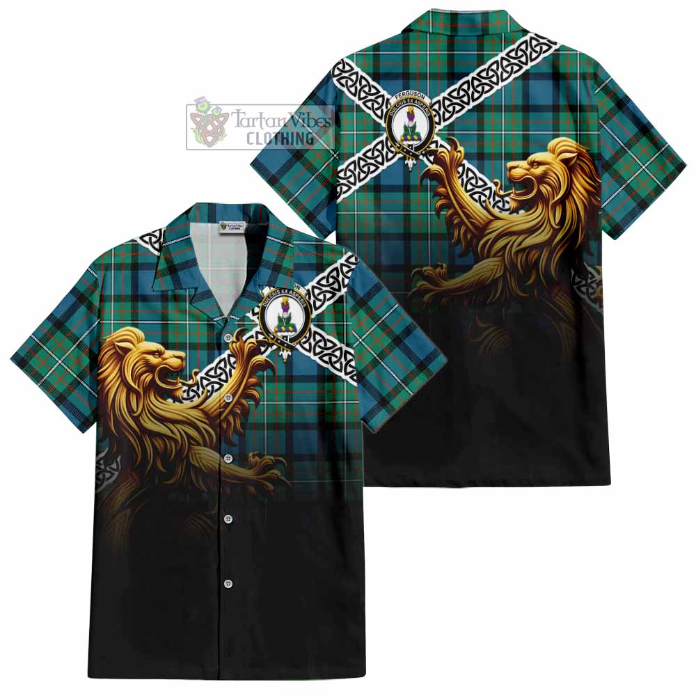 Tartan Vibes Clothing Ferguson (Fergusson) Crest Tartan Short Sleeve Button Shirt with Golden Lion Emblem Celtic Style