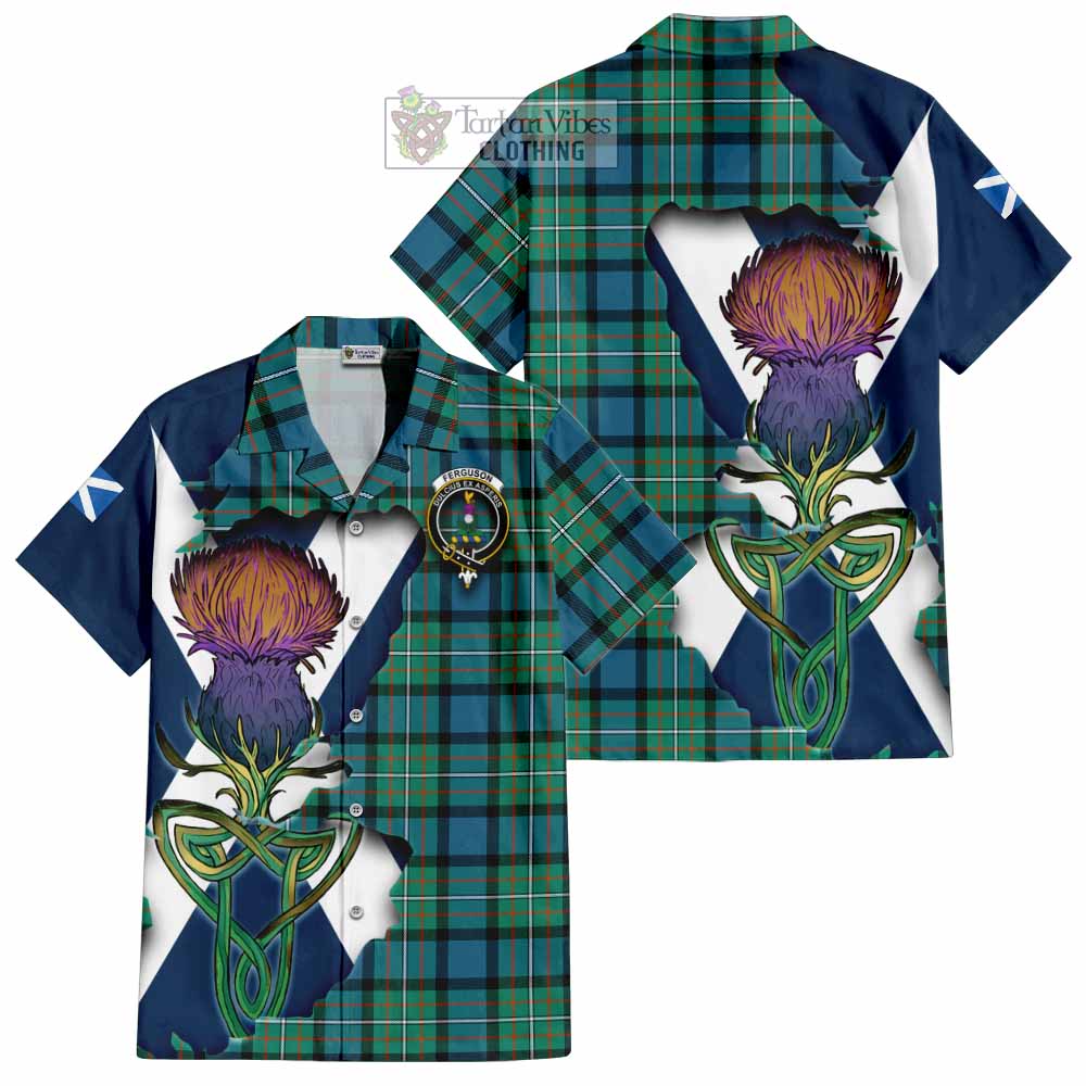 Tartan Vibes Clothing Ferguson (Fergusson) Tartan Family Crest Short Sleeve Button Shirt Scottish Thistle Celtic Inspired