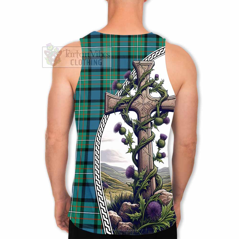 Tartan Vibes Clothing Ferguson (Fergusson) Tartan Men's Tank Top with Family Crest and St. Andrew's Cross Accented by Thistle Vines