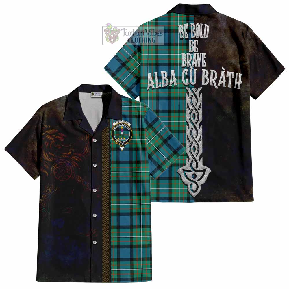 Tartan Vibes Clothing Ferguson (Fergusson) Tartan Family Crest Short Sleeve Button Shirt Alba Gu Brath Be Brave Lion Ancient Style