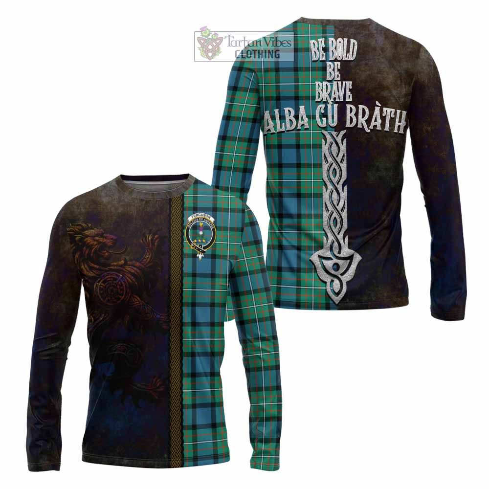 Tartan Vibes Clothing Ferguson (Fergusson) Tartan Family Crest Long Sleeve T-Shirt Alba Gu Brath Be Brave Lion Ancient Style