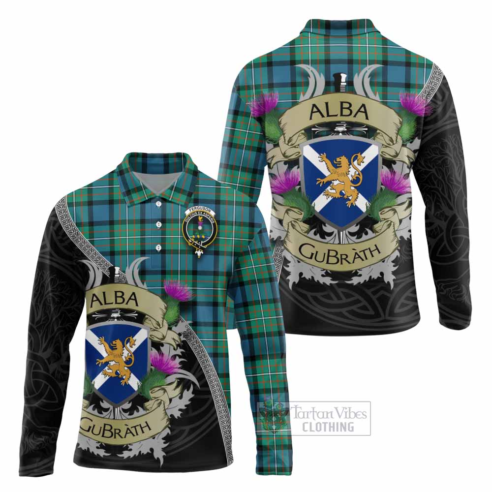 Tartan Vibes Clothing Ferguson (Fergusson) Tartan Family Crest Long Sleeve Polo Shirt Lion Rampant Royal Thistle Shield Celtic Inspired