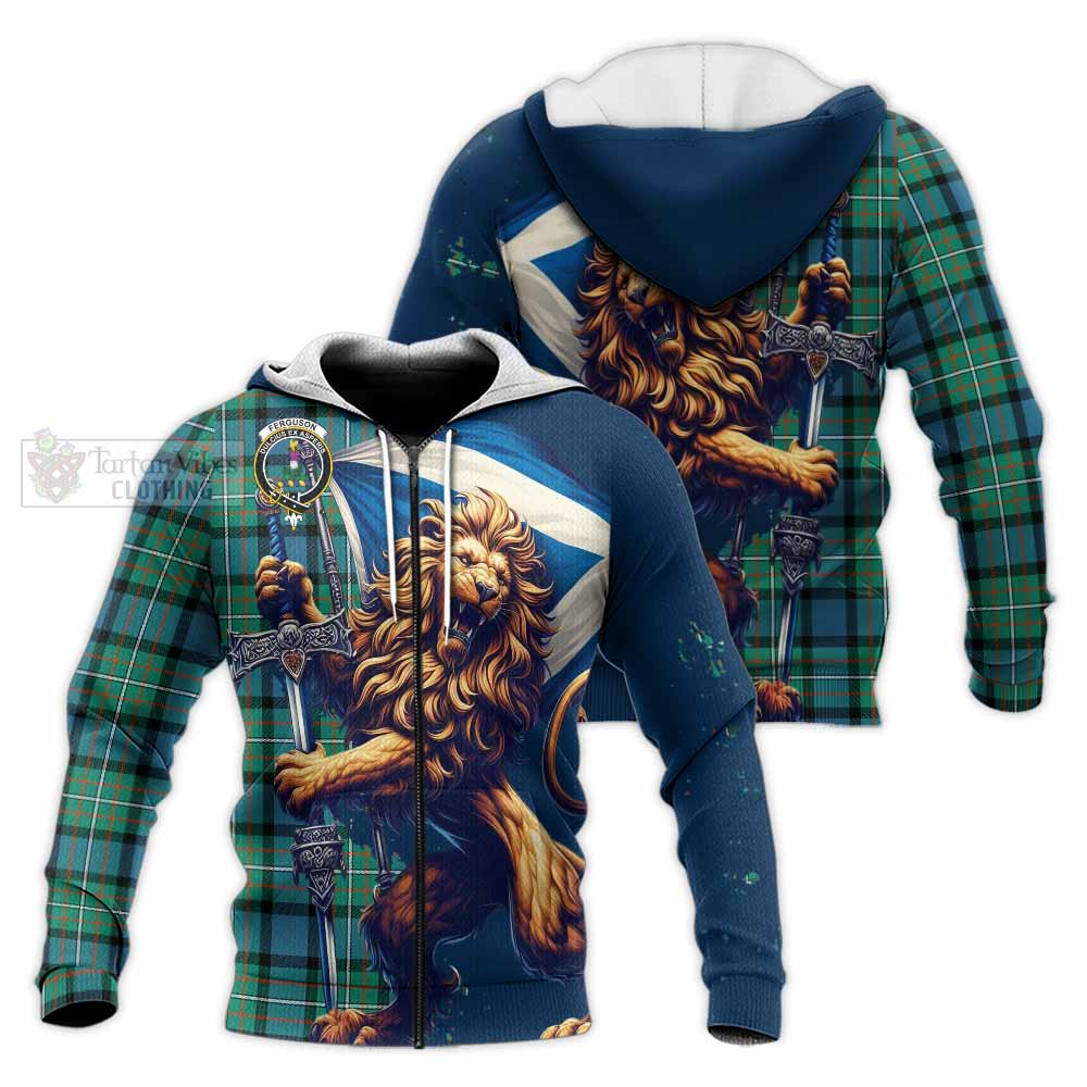 Tartan Vibes Clothing Ferguson (Fergusson) Tartan Family Crest Knitted Hoodie with Scottish Majestic Lion