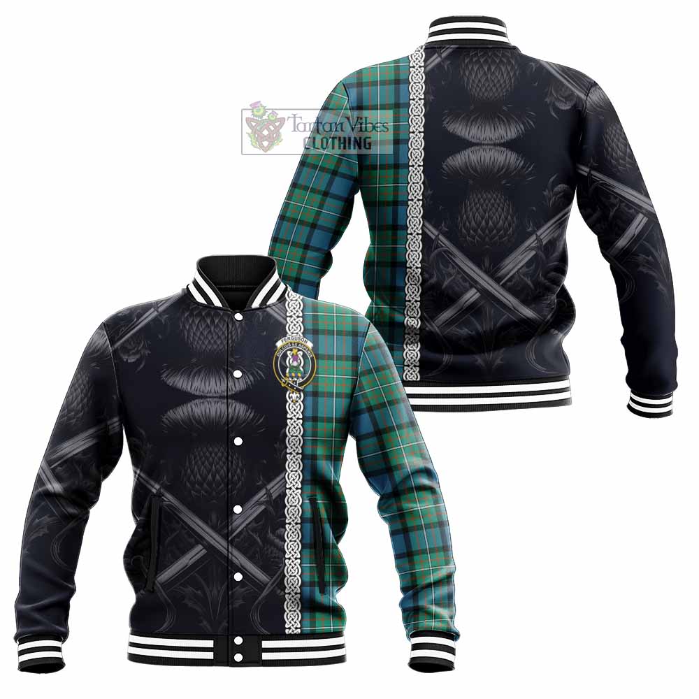 Tartan Vibes Clothing Ferguson (Fergusson) Tartan Baseball Jacket with Family Crest Cross Sword Thistle Celtic Vibes
