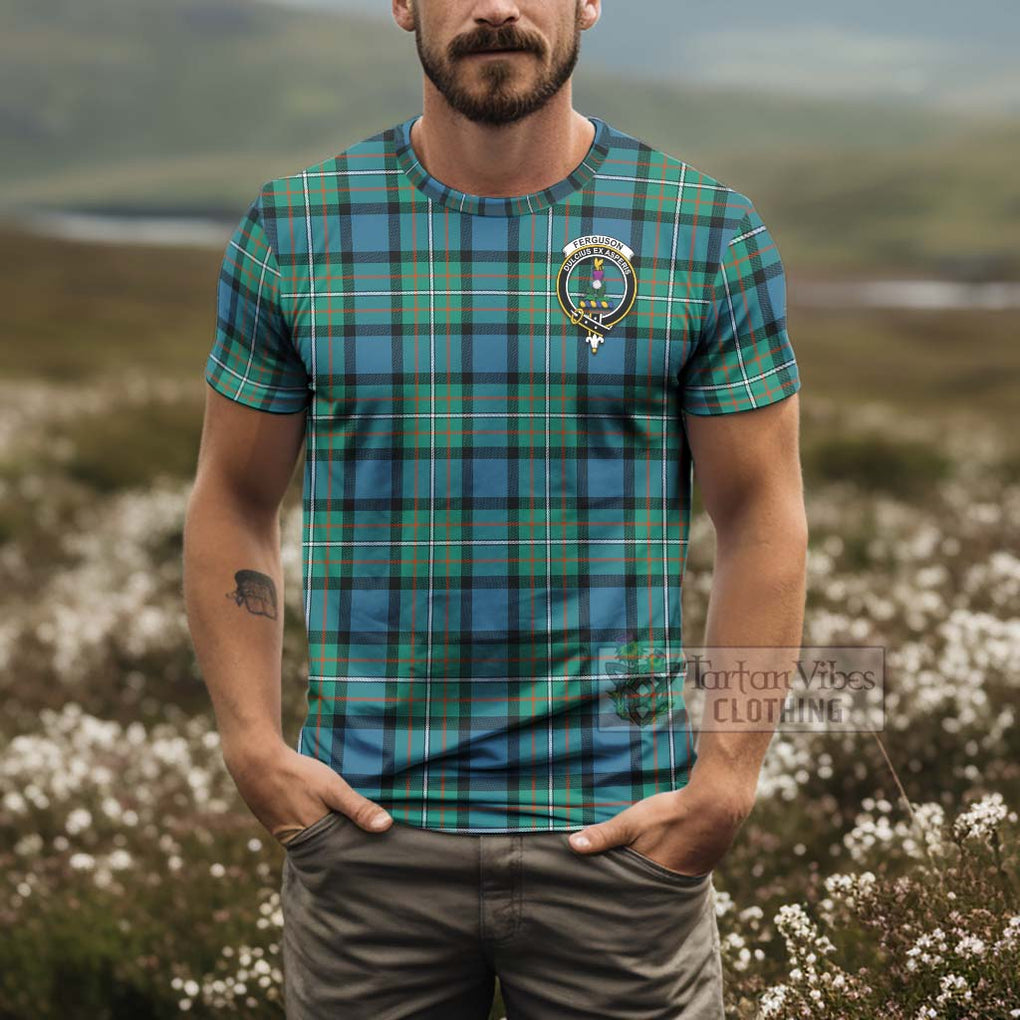Tartan Vibes Clothing Ferguson (Fergusson) Tartan T-Shirt with Family Crest and Bearded Skull Holding Bottles of Whiskey