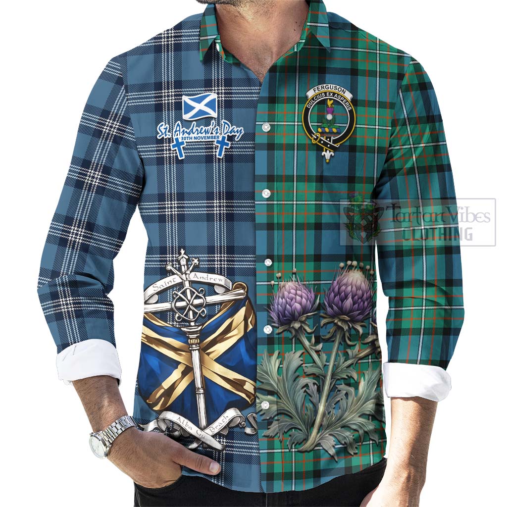 Tartan Vibes Clothing Ferguson (Fergusson) Tartan Long Sleeve Button Shirt Happy St. Andrew's Day Half Tartan Style