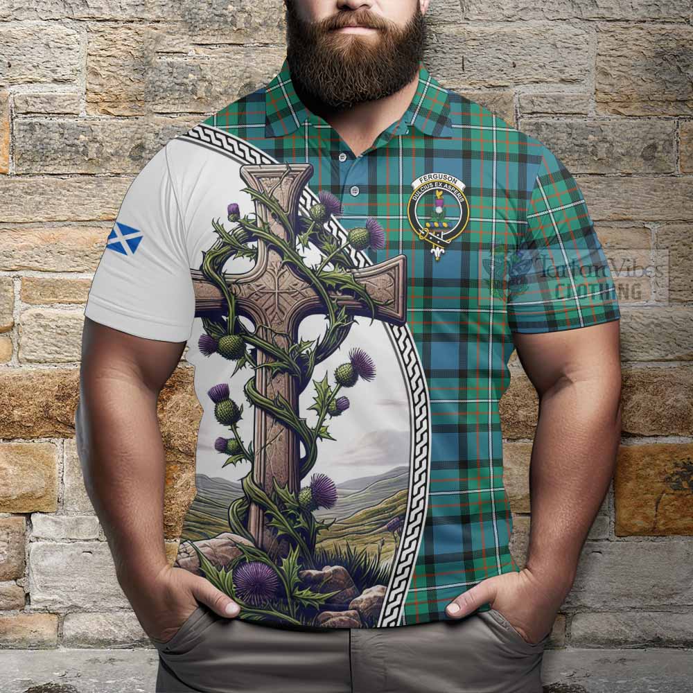 Tartan Vibes Clothing Ferguson (Fergusson) Tartan Polo Shirt with Family Crest and St. Andrew's Cross Accented by Thistle Vines