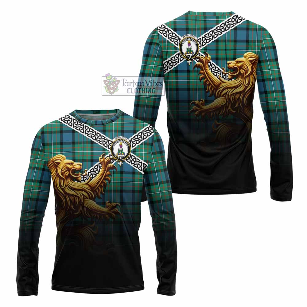 Tartan Vibes Clothing Ferguson (Fergusson) Crest Tartan Long Sleeve T-Shirt with Golden Lion Emblem Celtic Style
