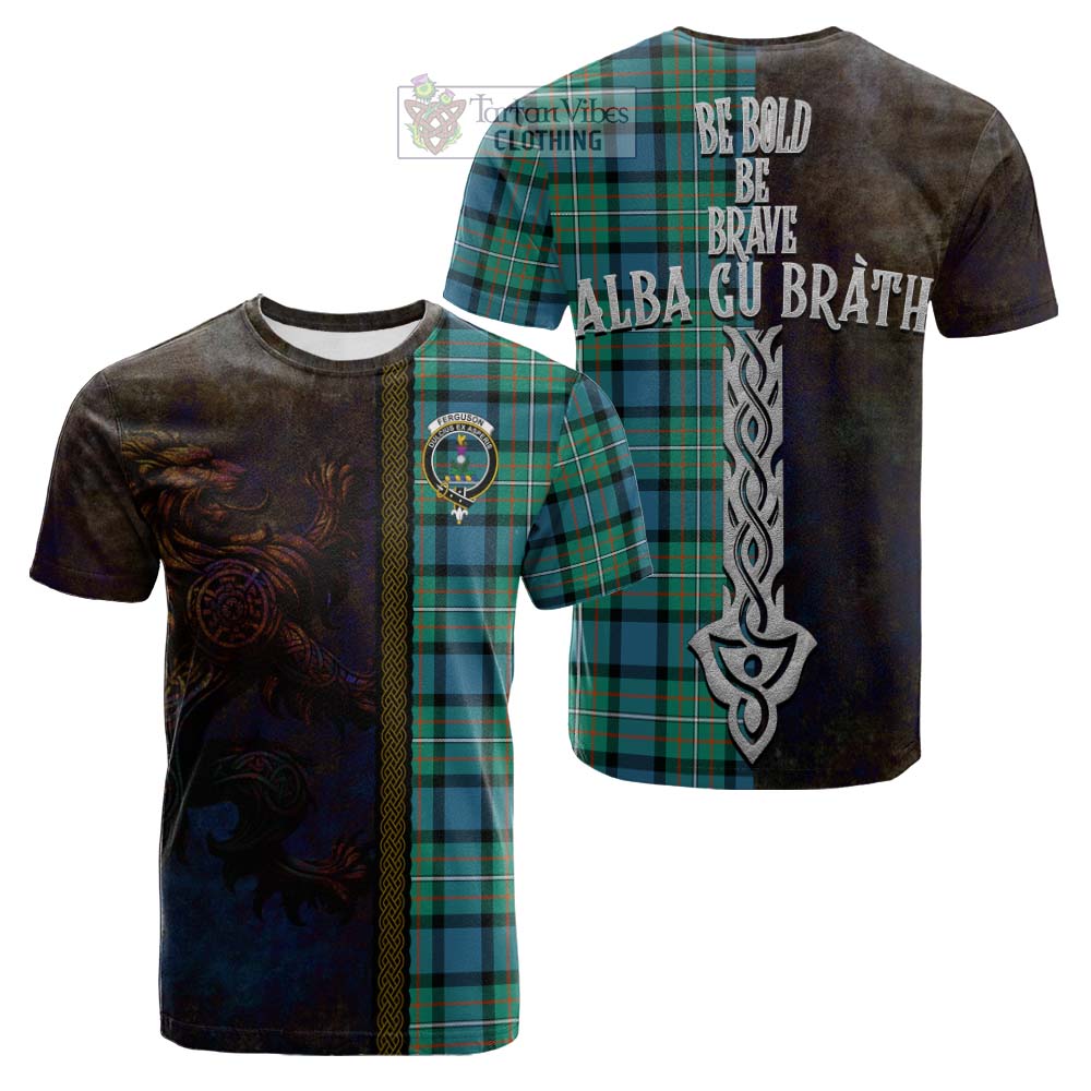 Tartan Vibes Clothing Ferguson (Fergusson) Tartan Family Crest Cotton T-shirt Alba Gu Brath Be Brave Lion Ancient Style