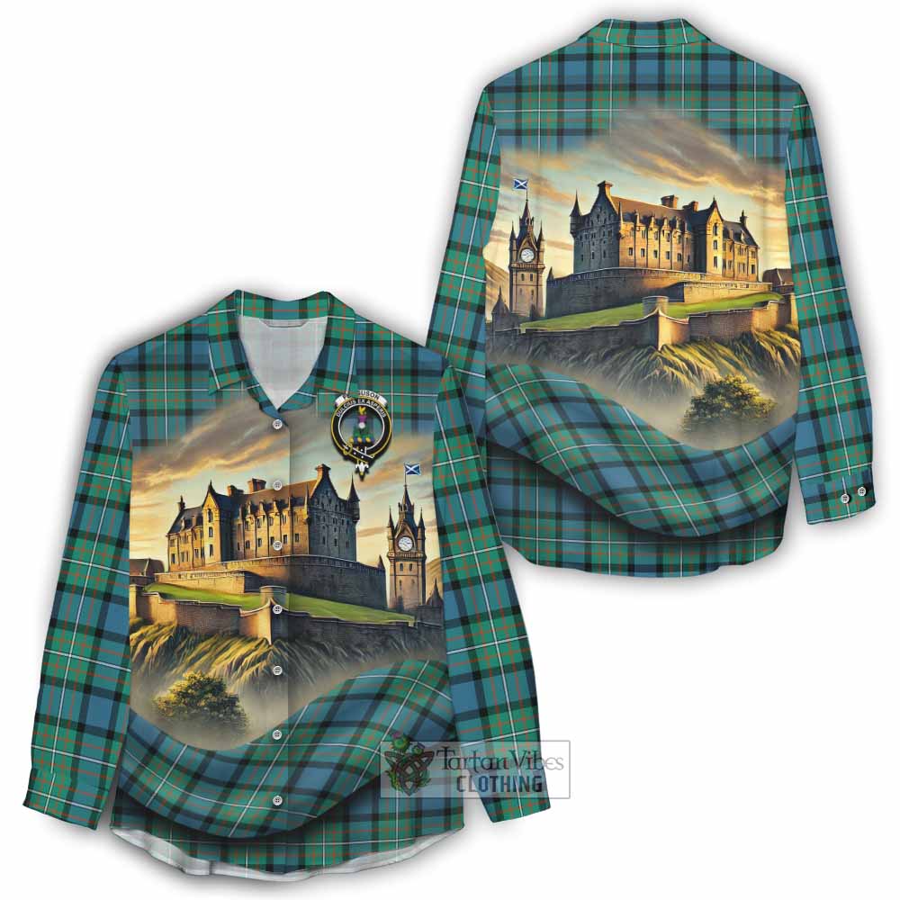 Tartan Vibes Clothing Ferguson (Fergusson) Tartan Family Crest Women's Casual Shirt with Scottish Ancient Castle Style