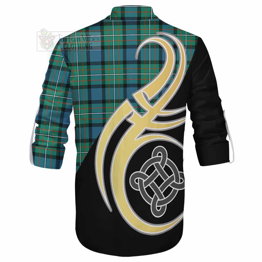 Tartan Vibes Clothing Ferguson (Fergusson) Tartan Ghillie Kilt Shirt with Family Crest and Celtic Symbol Style