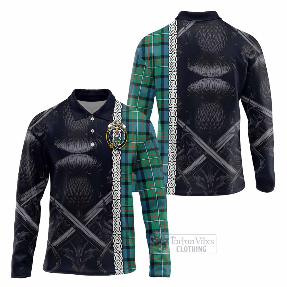 Tartan Vibes Clothing Ferguson (Fergusson) Tartan Long Sleeve Polo Shirt with Family Crest Cross Sword Thistle Celtic Vibes