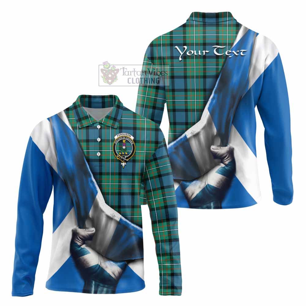 Tartan Vibes Clothing Ferguson (Fergusson) Tartan Long Sleeve Polo Shirt with Family Crest Scotland Patriotic Style