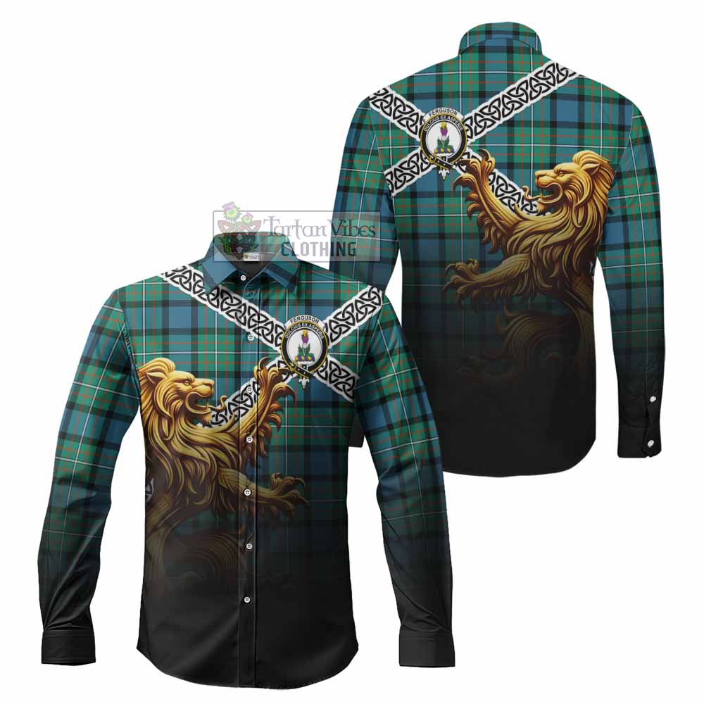 Tartan Vibes Clothing Ferguson (Fergusson) Crest Tartan Long Sleeve Button Shirt with Golden Lion Emblem Celtic Style