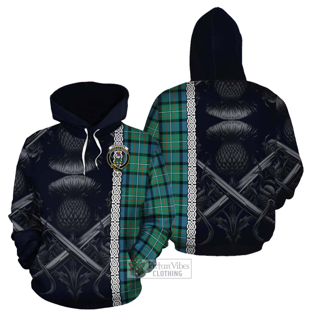Tartan Vibes Clothing Ferguson (Fergusson) Tartan Cotton Hoodie with Family Crest Cross Sword Thistle Celtic Vibes