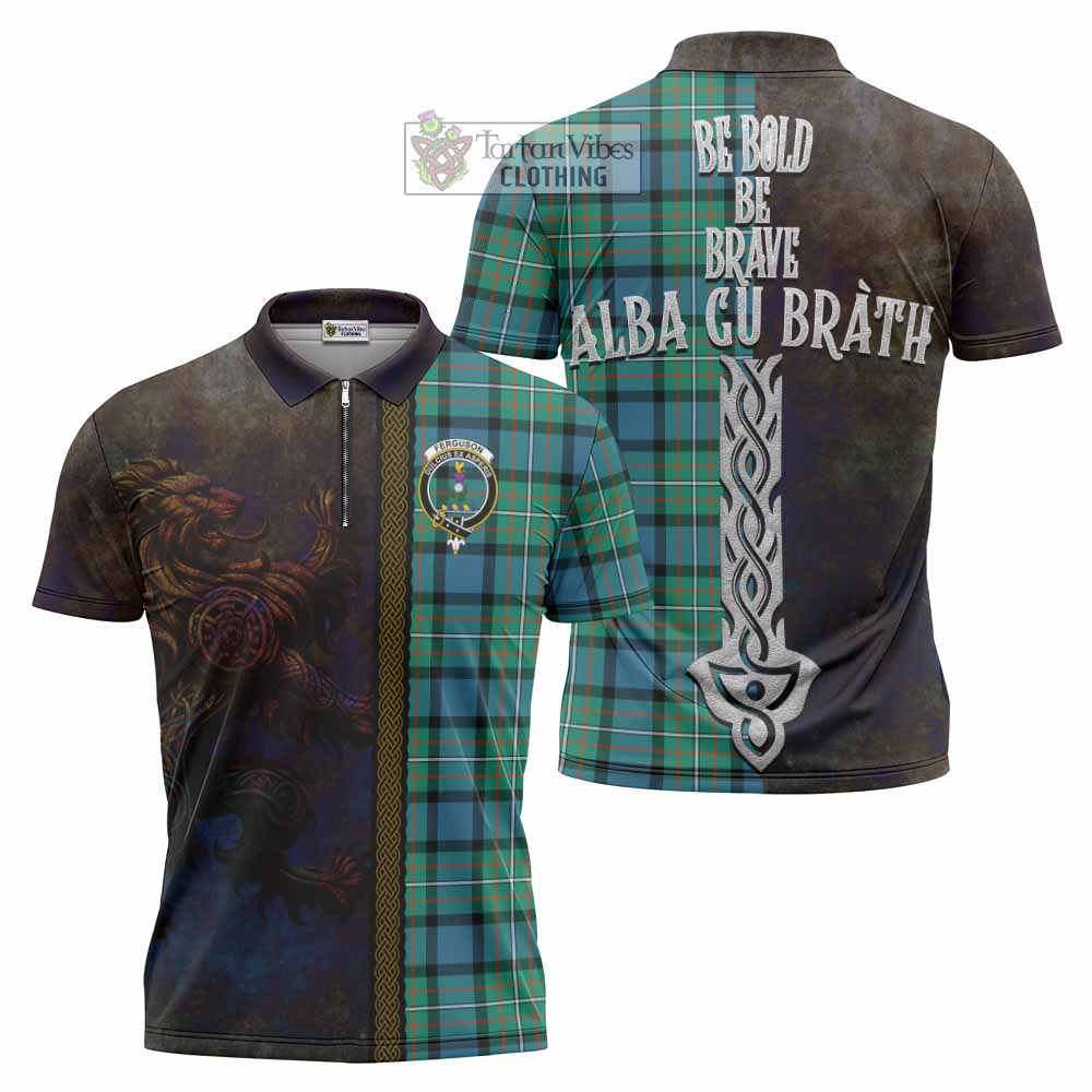 Tartan Vibes Clothing Ferguson (Fergusson) Tartan Family Crest Zipper Polo Shirt Alba Gu Brath Be Brave Lion Ancient Style