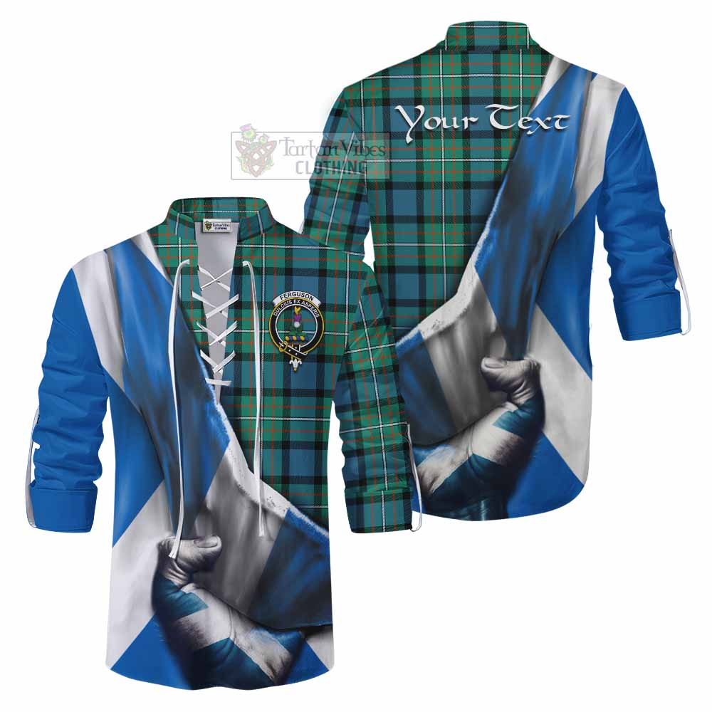Tartan Vibes Clothing Ferguson (Fergusson) Tartan Ghillie Kilt Shirt with Family Crest Scotland Patriotic Style