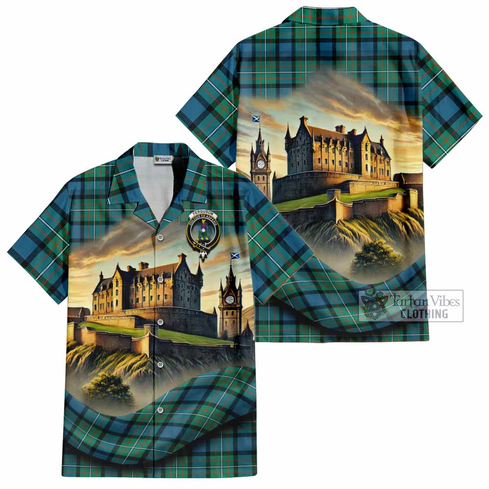 Tartan Vibes Clothing Ferguson (Fergusson) Tartan Family Crest Short Sleeve Button Shirt with Scottish Ancient Castle Style