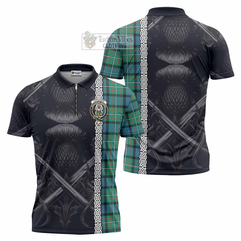 Tartan Vibes Clothing Ferguson (Fergusson) Tartan Zipper Polo Shirt with Family Crest Cross Sword Thistle Celtic Vibes