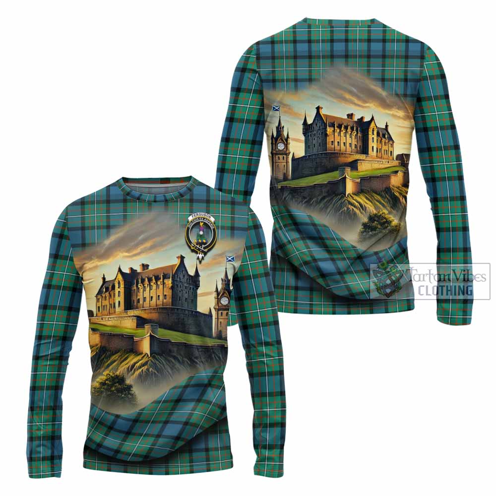 Tartan Vibes Clothing Ferguson (Fergusson) Tartan Family Crest Long Sleeve T-Shirt with Scottish Ancient Castle Style
