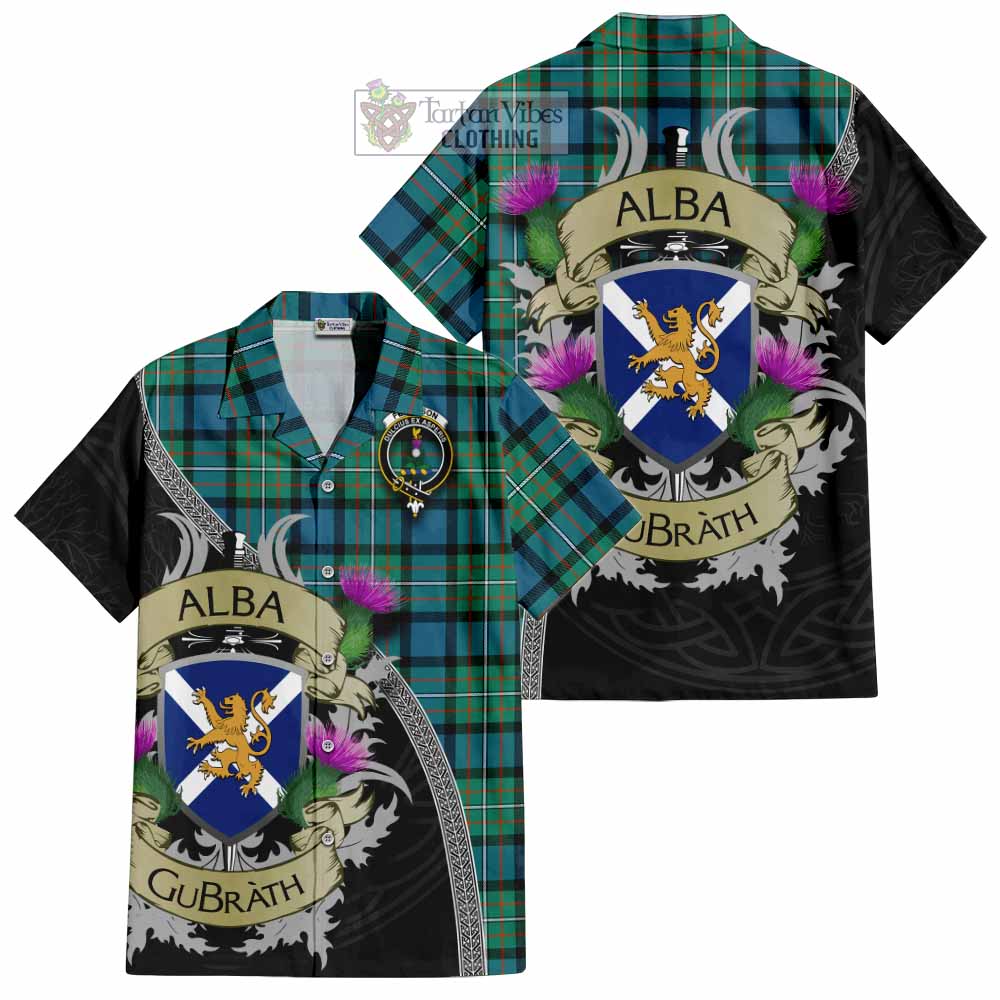 Tartan Vibes Clothing Ferguson (Fergusson) Tartan Family Crest Short Sleeve Button Shirt Lion Rampant Royal Thistle Shield Celtic Inspired