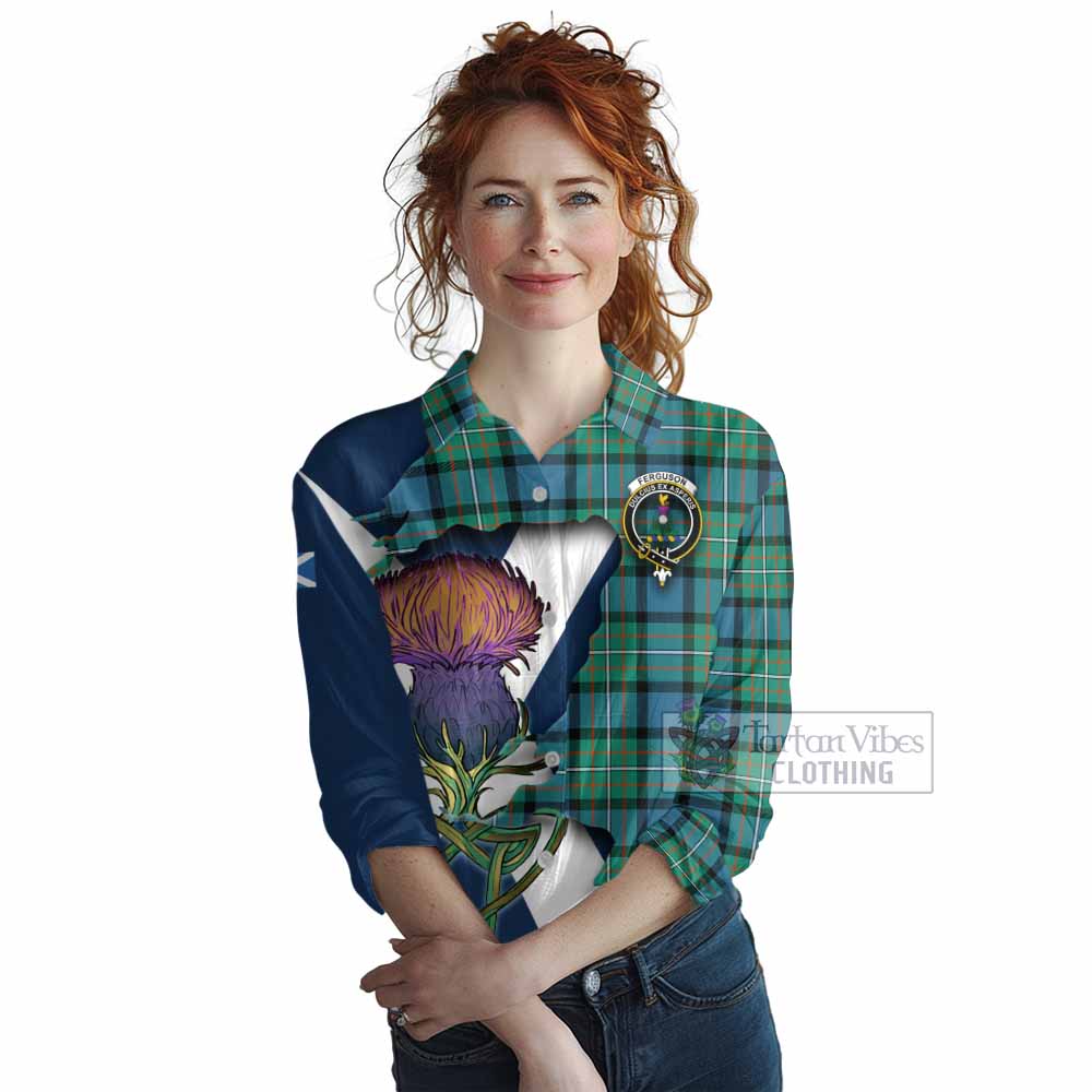 Tartan Vibes Clothing Ferguson (Fergusson) Tartan Family Crest Women's Casual Shirt Scottish Thistle Celtic Inspired