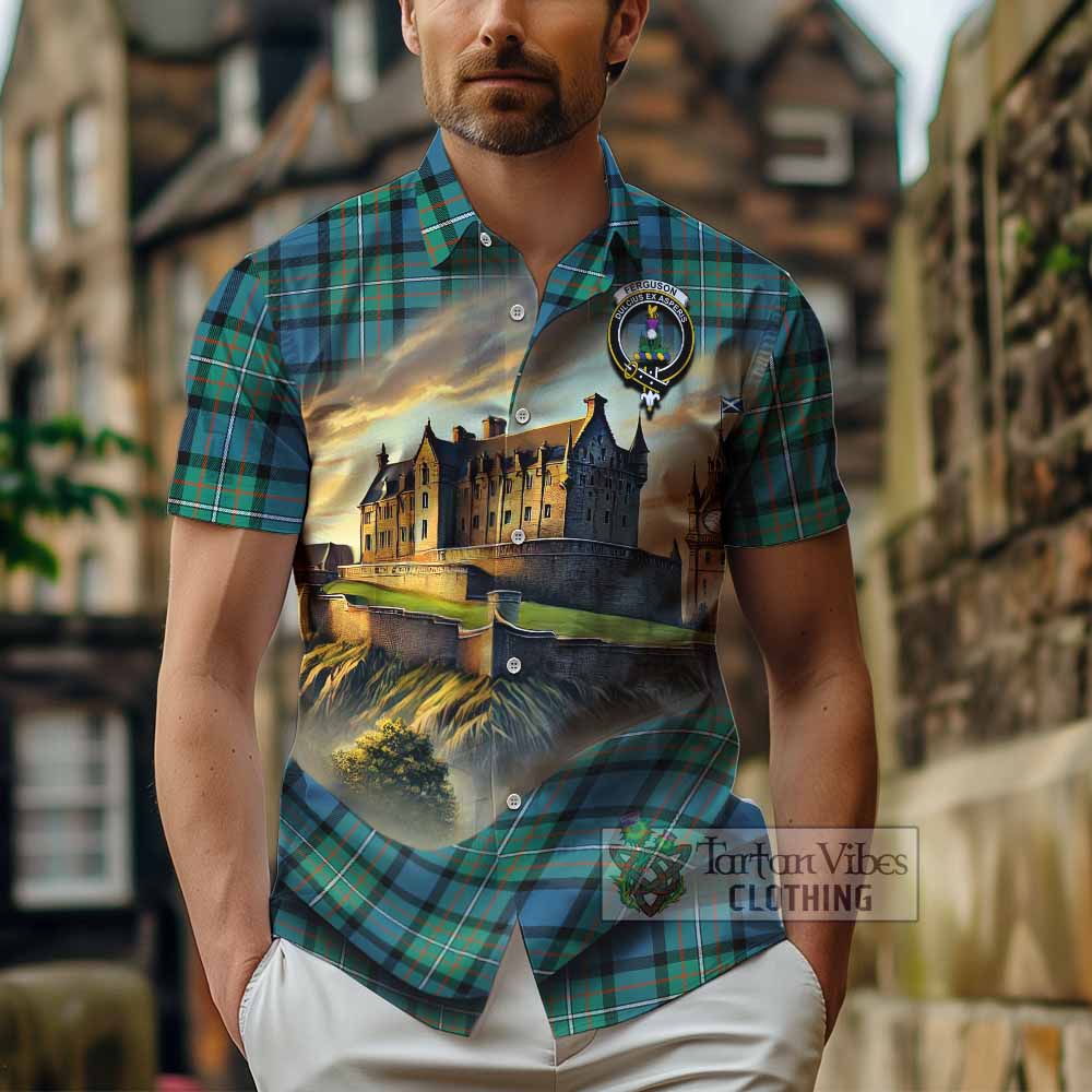 Tartan Vibes Clothing Ferguson (Fergusson) Tartan Family Crest Short Sleeve Button Shirt with Scottish Ancient Castle Style