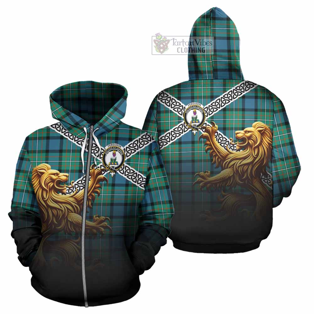 Tartan Vibes Clothing Ferguson (Fergusson) Crest Tartan Hoodie with Golden Lion Emblem Celtic Style