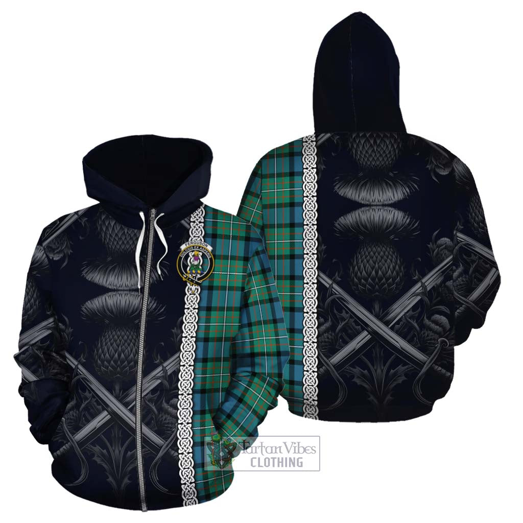 Tartan Vibes Clothing Ferguson (Fergusson) Tartan Cotton Hoodie with Family Crest Cross Sword Thistle Celtic Vibes