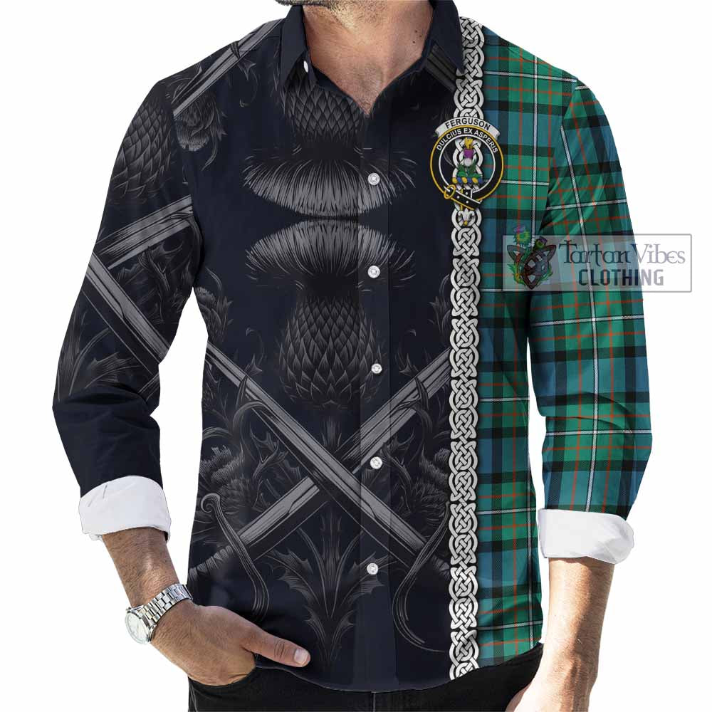 Tartan Vibes Clothing Ferguson (Fergusson) Tartan Long Sleeve Button Shirt with Family Crest Cross Sword Thistle Celtic Vibes