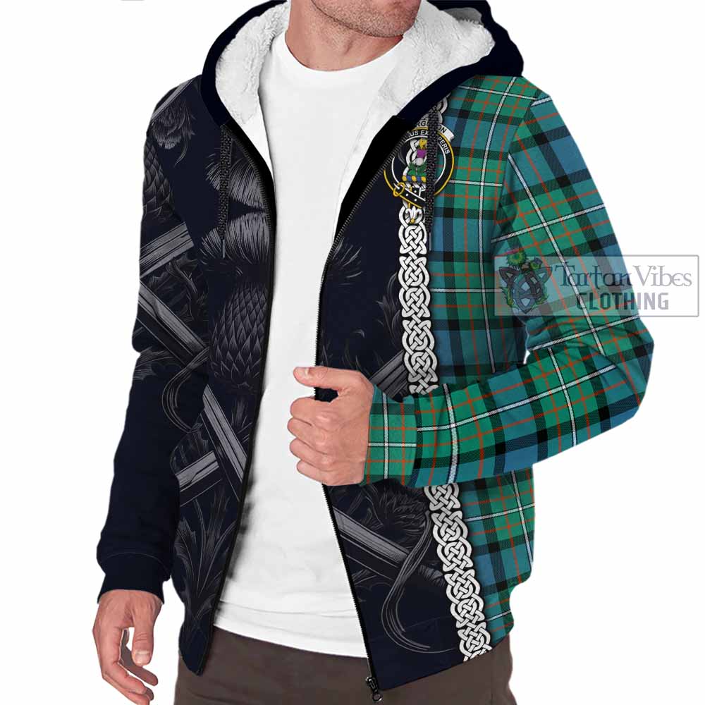 Tartan Vibes Clothing Ferguson (Fergusson) Tartan Sherpa Hoodie with Family Crest Cross Sword Thistle Celtic Vibes