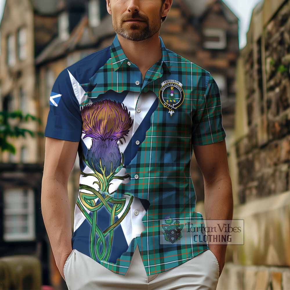 Tartan Vibes Clothing Ferguson (Fergusson) Tartan Family Crest Short Sleeve Button Shirt Scottish Thistle Celtic Inspired