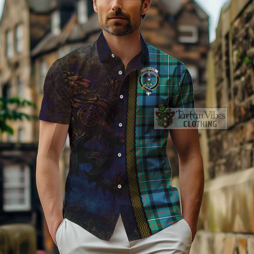Tartan Vibes Clothing Ferguson (Fergusson) Tartan Family Crest Short Sleeve Button Shirt Alba Gu Brath Be Brave Lion Ancient Style