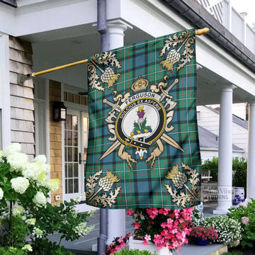 Ferguson (Fergusson) Tartan Garden Flag with Family Crest and Golden Thistle Crossed Sword Design