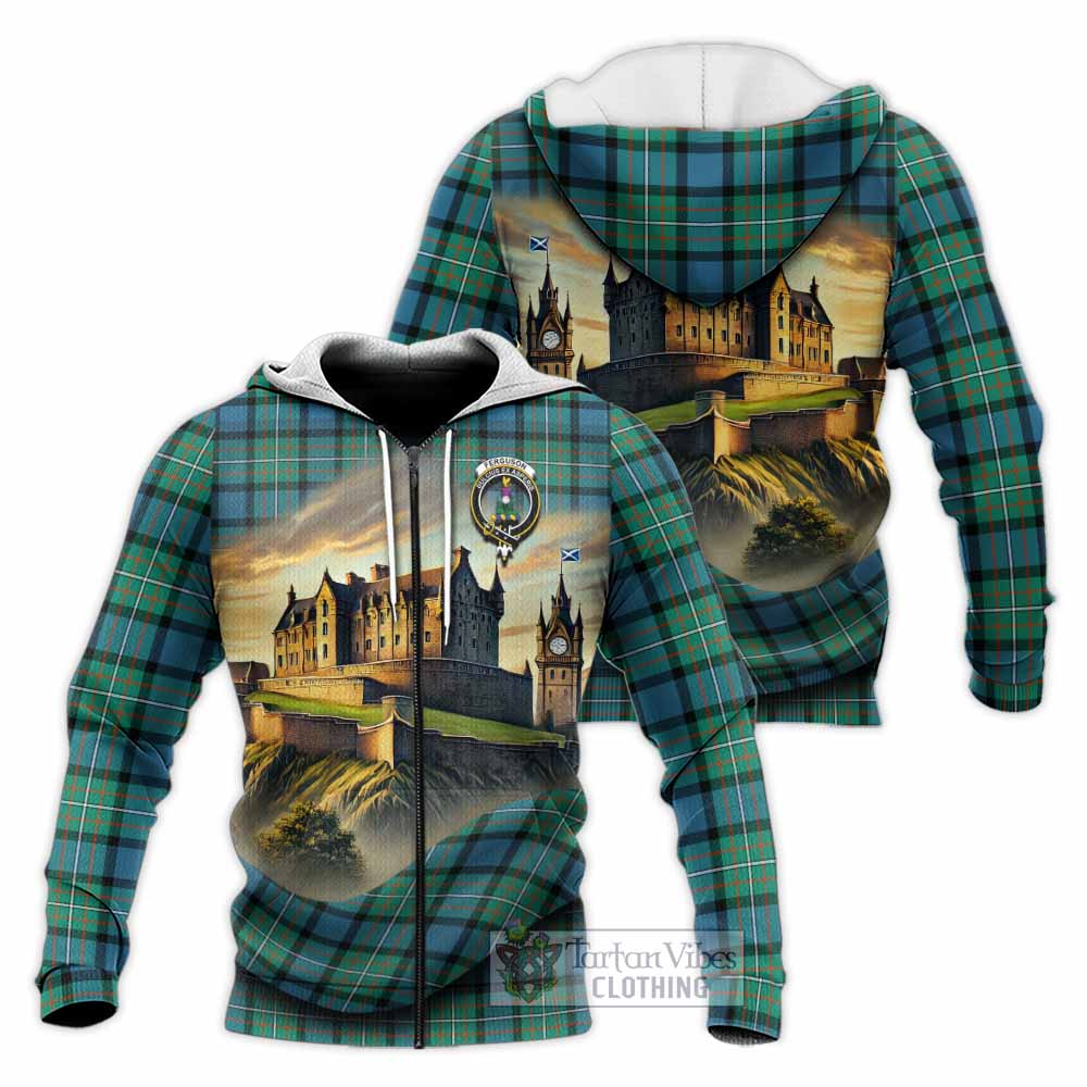 Tartan Vibes Clothing Ferguson (Fergusson) Tartan Family Crest Knitted Hoodie with Scottish Ancient Castle Style