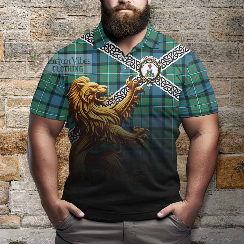 Tartan Vibes Clothing Ferguson (Fergusson) Crest Tartan Polo Shirt with Golden Lion Emblem Celtic Style