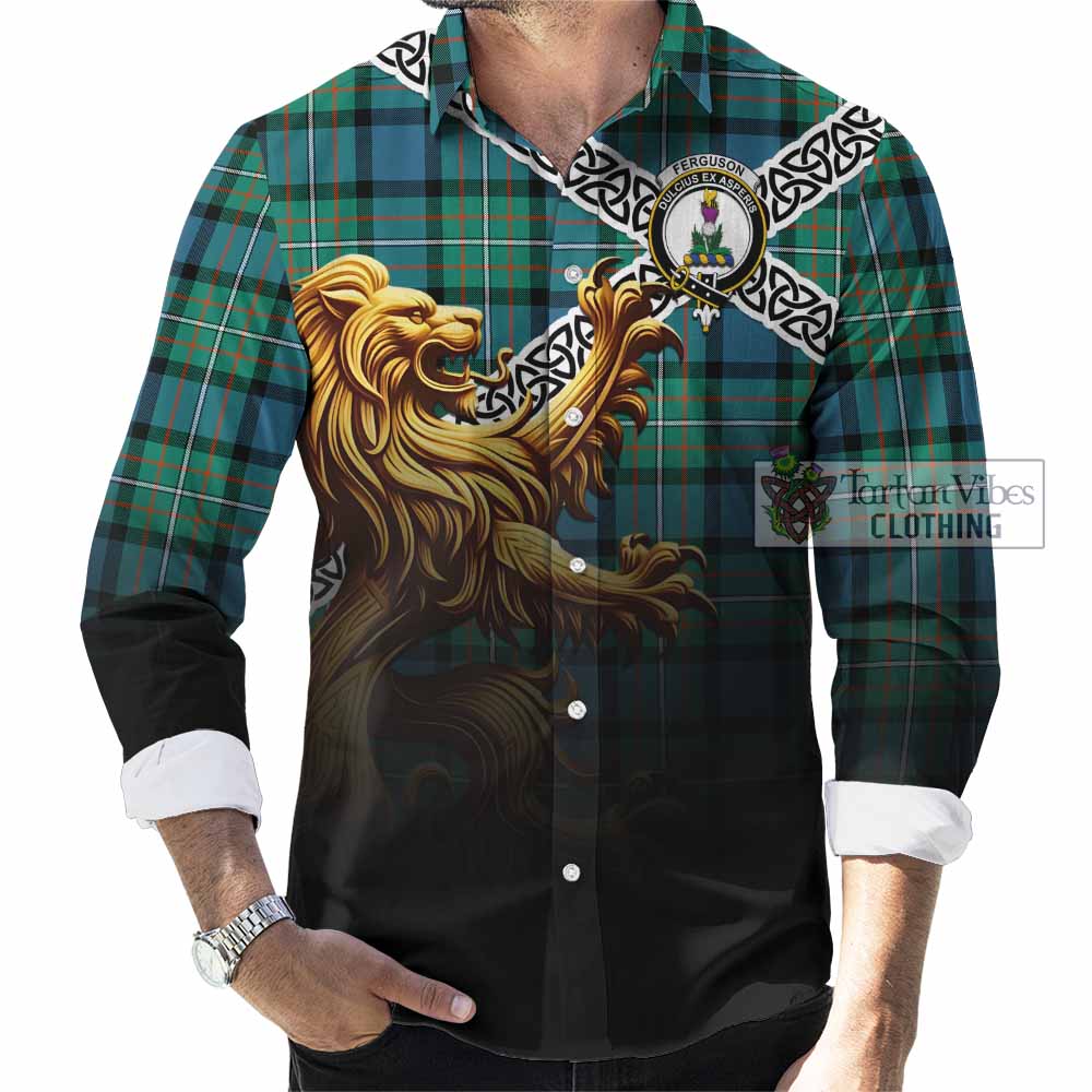 Tartan Vibes Clothing Ferguson (Fergusson) Crest Tartan Long Sleeve Button Shirt with Golden Lion Emblem Celtic Style