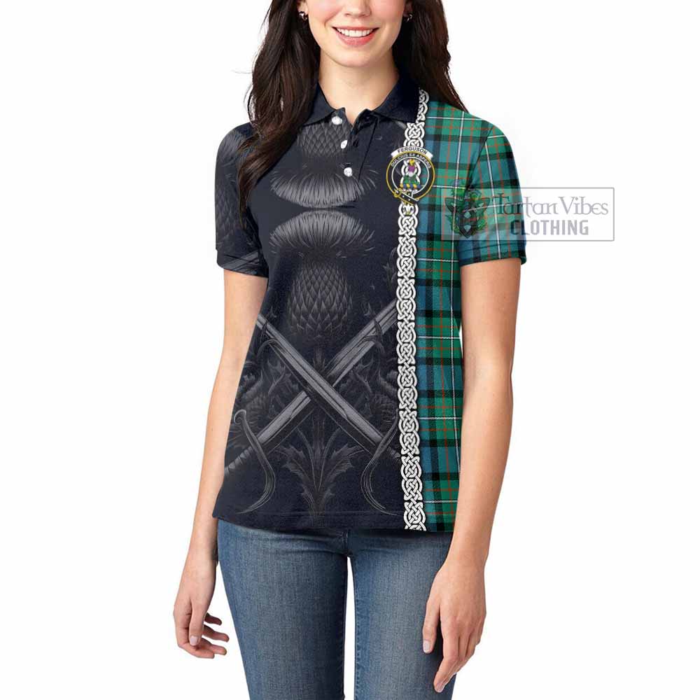 Tartan Vibes Clothing Ferguson (Fergusson) Tartan Women's Polo Shirt with Family Crest Cross Sword Thistle Celtic Vibes